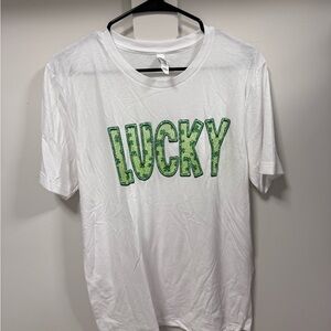 Bella Canvas White Tee with Green 'LUCKY' Design